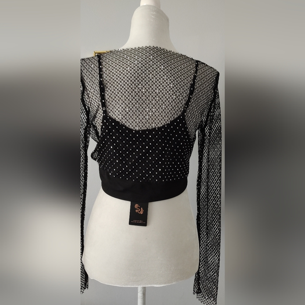 Sincerely Jules Crop top Mesh  Black Shiny Style Sexy  2 Piece New    Medium - Picture 6 of 10